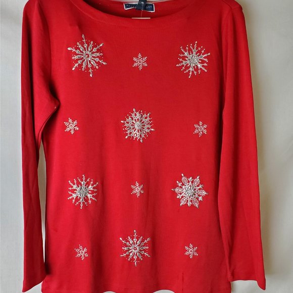 Karen Scott Red Long Sleeve Top W/ Snow Flakes Medium - Picture 4 of 4